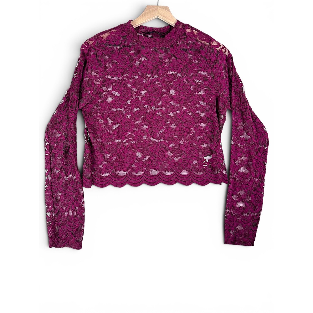 Ambiance Floral Lace Crop Top Women Large Magenta Boho‎ Chic Long Sleeve